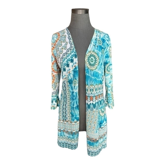 Women’s Cardigan Multicolored Geometric Print Duster CHICO’S Knit Open Front Top - Picture 2 of 7